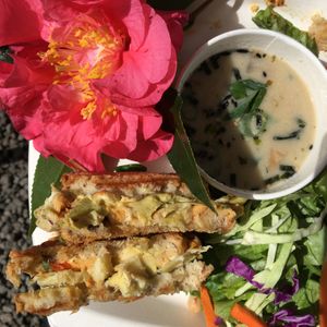 Vegan Artichoke Hummus Panini and Mushroom Miso Soup at Cafe Ono in Volcano