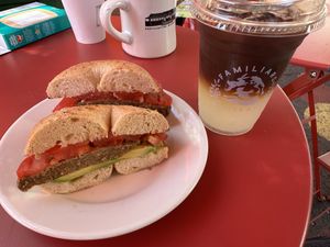 Vegan sausage breakfast sandwich (and espresso lemonade seasonal drink)  at Familiars Coffee & Tea in Northampton