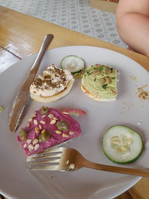 Hummous guacamole beetroot on arepa at Gracias Vida in La Guajira
