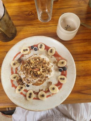 power pancakes and chai latte at Gracias Vida in La Guajira