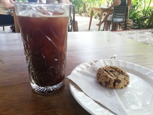 Cookie and cold brew at Gracias Vida in La Guajira