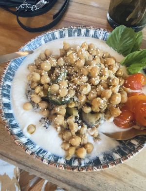 Menu del dia, with cream of cauliflour, quinoa, chickpeas, vegetables  at Gracias Vida in La Guajira