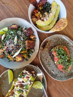 Scrambled tofu, tofu salad, Italian toast and cauliflower taco   at Gracias Vida in La Guajira