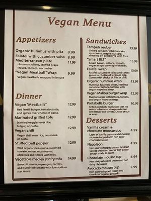 vegan menu at Uncasville Diner in Montville