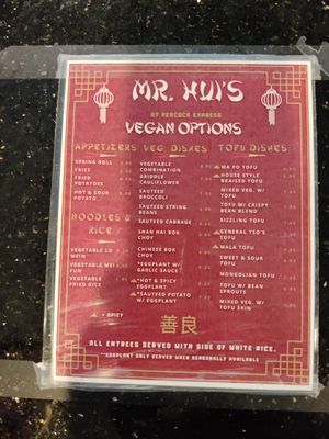 Vegan menu at Mr. Hui's Peacock Express in Florence