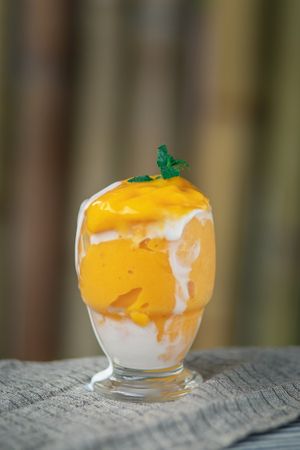Vegan Mango Lasi with homemadw coconut Yogurt. at MOODs  in Chiang Mai