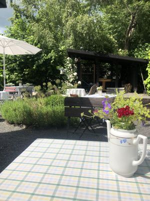 Lush backyard with lavender and roses  at Sassargården Gårdsfik in Onslunda