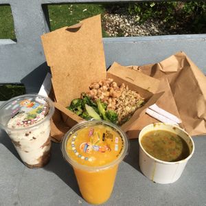 Veggie rice with sweet sour soy & broccoli, lentil soup, Tiramisu & Orange juice at Loving Hut in Panama City
