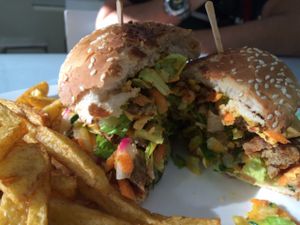 vegan burger  at Loving Hut in Panama City