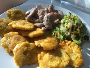 patacones and vegan shrimps with besciamella  at Loving Hut in Panama City