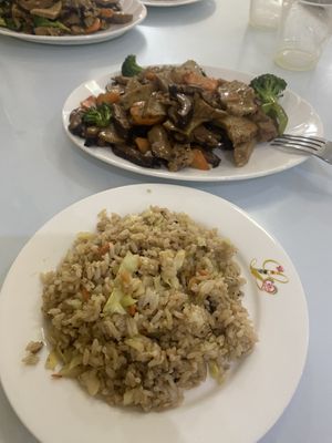 Seitan and mushrooms with vegetable rice  at Loving Hut in Panama City