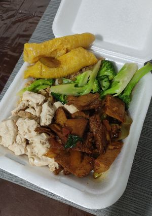 Veggie fried rice, tofu, seiten, broccoli and plantain at Loving Hut in Panama City