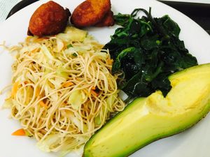Noodles, avocado, spinach at Loving Hut in Panama City
