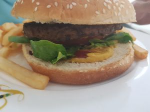 Vegan burger at Loving Hut in Panama City