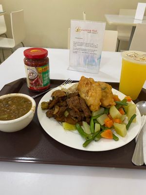 My lunch. It was a lot. Seitan, mixed veggies, lentil soup rice, etc. many more options but I was full.  at Loving Hut in Panama City