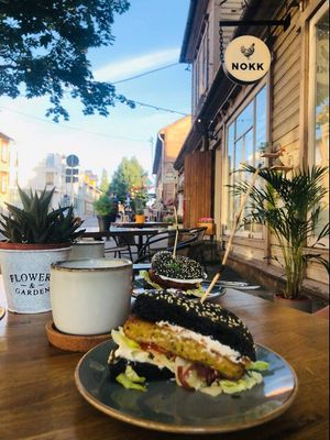 Outside view and falafel burger meal. at NOKK in Tartu