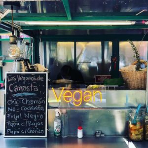 The yellow sign is impossible to miss. Vegan!!!  at Los Veganos de Canasta in Mexico City