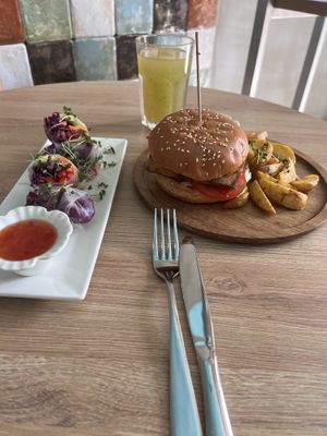 Tofu burger and raw spring rolls   at Go Vegan Cafe in Batumi