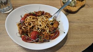 Pasta with tomato and tofu at Go Vegan Cafe in Batumi