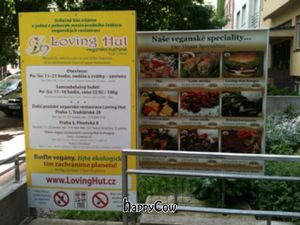 Menu sign outside at Loving Hut - Vinohrady in Prague
