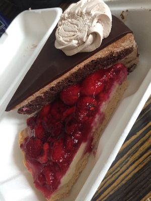 Chocolate/banana cake & raspberry cheesecake (got it to go) at Loving Hut - Vinohrady in Prague