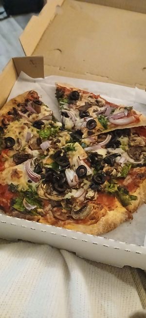 Vegan herbivore pizza delivered at Lanesplitter Pizza in Emeryville