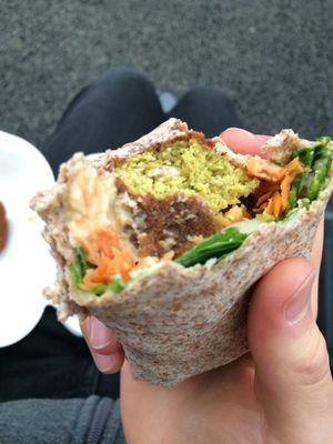 Falafel, houmous and salad wrap (takeaway). at The Kitchen on Great Moor Street in Bolton