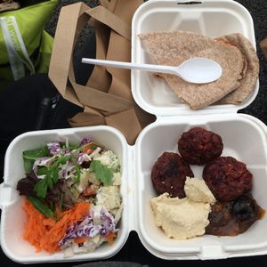 Kofta Meal, served with salad, houmous, chutney and pitta (takeaway). at The Kitchen on Great Moor Street in Bolton
