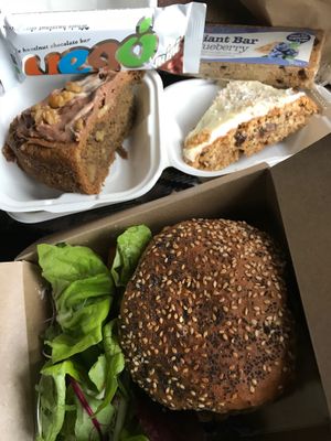 Mushroom and bean burger, coffee & walnut cake, carrot cake (all vegan)  at The Kitchen on Great Moor Street in Bolton