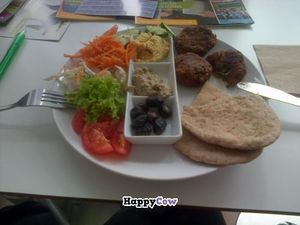 vegetable kofta meal with hummus, olives and salads, yummy!  at The Kitchen on Great Moor Street in Bolton