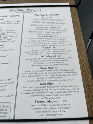 Cocktail menu at Ye Olde Tavern  in Manchester Center