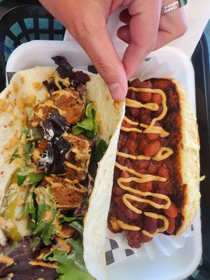 Fried Oyster Chicken Wrap & Coulda Fooled Ya Dog at Hart N Soul Vegan Cafe in Long Beach