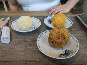 The two dumplings at the back are vegan (front contains cheese). at Knedlín in Prague