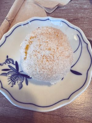 Vegan coconut berries dumpling  at Knedlín in Prague