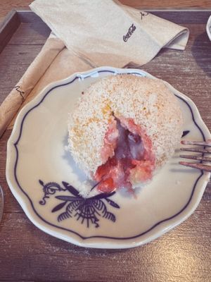 Vegan coconut berries dumpling  at Knedlín in Prague