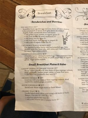 Menu with labeled vegan options at Local Sprouts Cafe in Portland