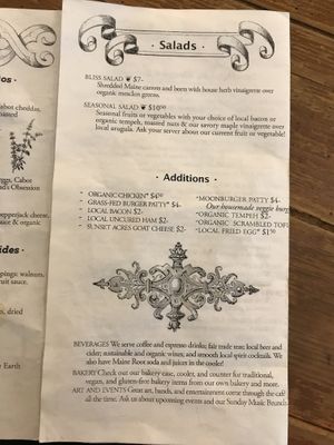 Menu with labeled vegan options at Local Sprouts Cafe in Portland