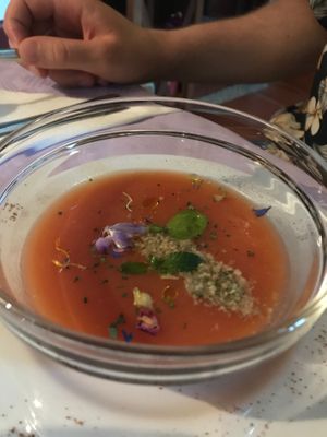 Appetizer-Gazpacho with pumpkin seeds at Forest Garden in San Daniele Del Friuli