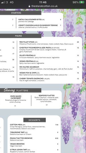 Menu depicting all vegan offerings at The Star at Cotton in Stoke-on-trent