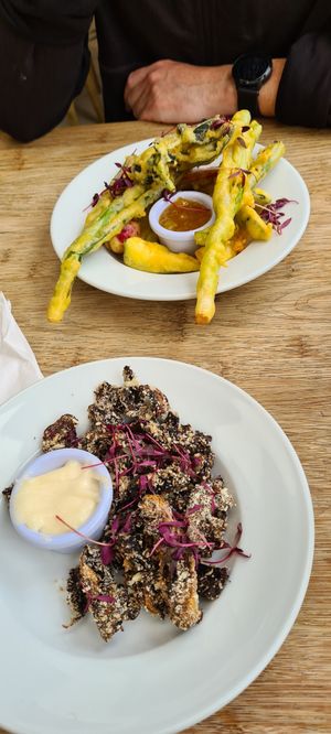 Top is veg tempura, bottom mushroom chips at Heligan Kitchen & Bakery in St Austell