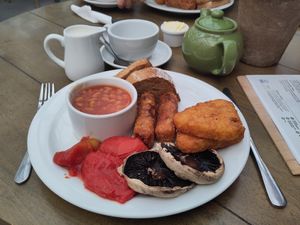 Vegan breakfast plus English Breakfast tea with soy milk. at Heligan Kitchen & Bakery in St Austell
