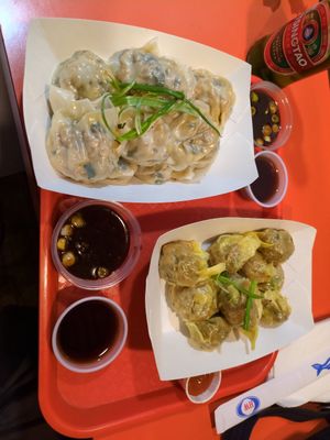 veggie surprise (wontons with tofu, etc.) on top at Dumpling Man in New York City