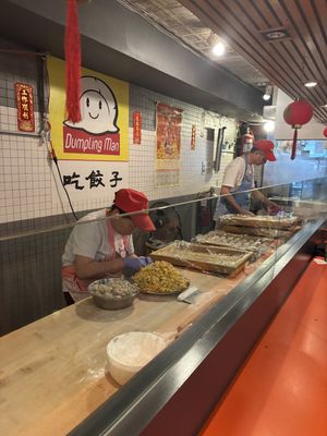 counter + dumpling making  at Dumpling Man in New York City