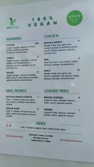 Menu at Plantology in Gainesville