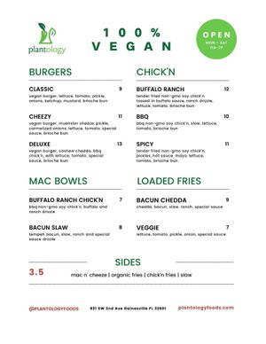 Menu as of 7/12/2021 at Plantology in Gainesville