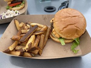 Deluxe homemade burger with organic  fries  at Plantology in Gainesville