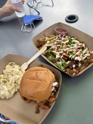 loaded fries, mac n cheese, chick’n sammie  at Plantology in Gainesville