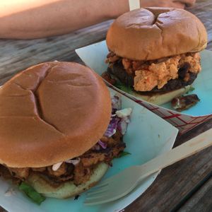 Deluxe burger and Bbq chik’n sandwich at Plantology in Gainesville