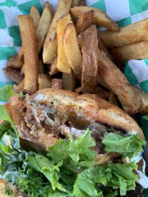 Buffalo Chick’n sandwich w/fries  at Plantology in Gainesville