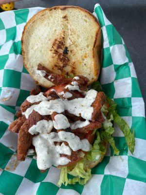 Vegan Buffalo chicken sandwich at Plantology in Gainesville